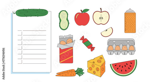 A collection of food items and a notepad for meal planning and grocery lists.