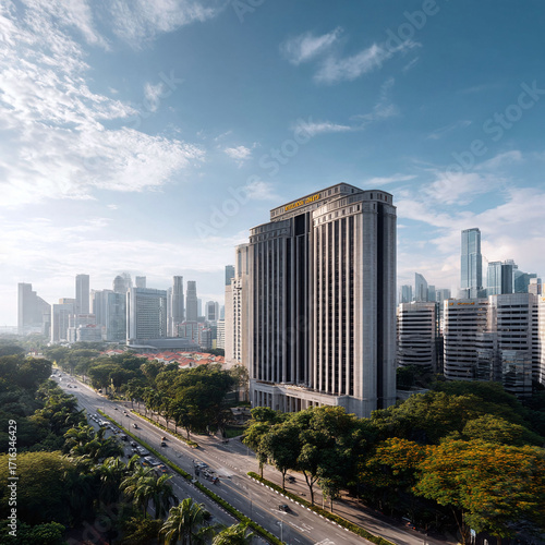 Urban cityscape featuring modern architecture, skyscrapers, and lush greenery under a bright blue sky. Ideal for illustrating business, travel, or urban development concepts.