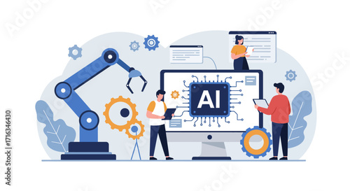 Illustration of people collaborating on an AI project, featuring a robotic arm, gears, and a computer screen displaying an AI chip.