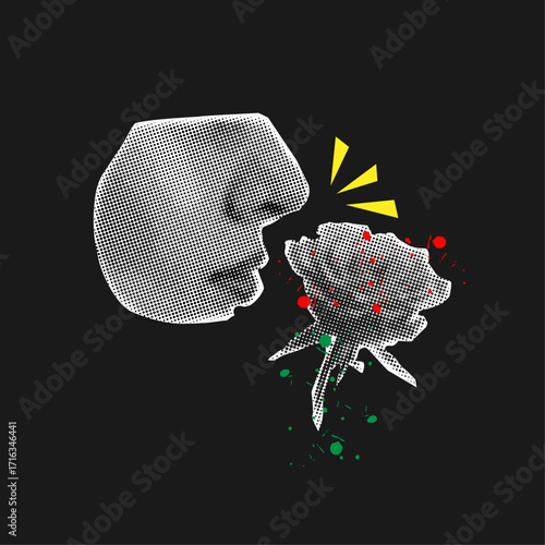 Female smelling her nose from rose flower in halftone style,trendy collage elements