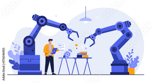 An engineer stands with a laptop, overseeing two robotic arms working on a table with gears and boxes in a modern industrial setting.