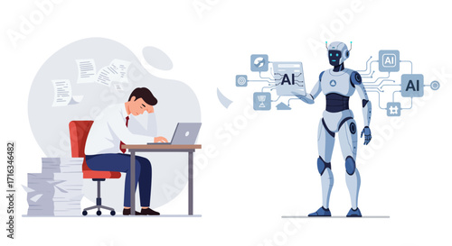 Stressed worker vs. AI robot handling paperwork;  automation replacing human labor in office setting.