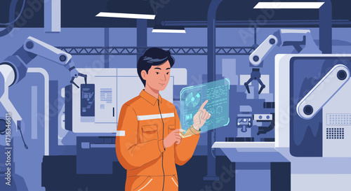 Engineer interacts with a holographic display in a modern factory setting, surrounded by robotic arms.