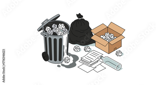A collection of crumpled papers and a bin overflowing with rubbish. 