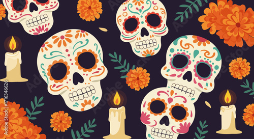 Colorful sugar skull pattern with marigold flowers and candles, celebrating Day of the Dead.