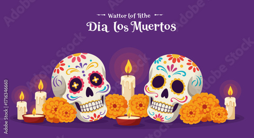 Colorful sugar skulls adorned with flowers and candles celebrate Dia de los Muertos.