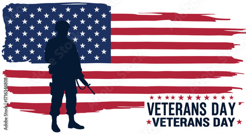 Silhouette of a soldier against an American flag, commemorating Veterans Day.