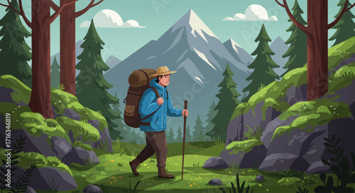 A hiker with a large backpack walks a mountain trail, surrounded by lush forest and majestic peaks.
