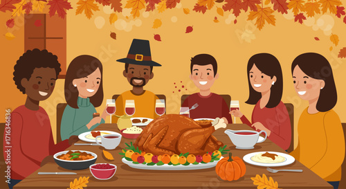 Diverse family joyfully celebrates Thanksgiving dinner together, sharing a roasted turkey and festive meal.