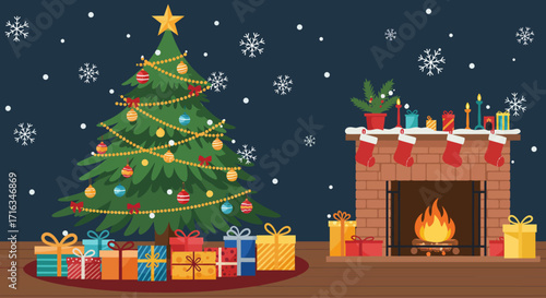 Festive Christmas scene with a decorated tree, fireplace, and presents, celebrating the holiday season.