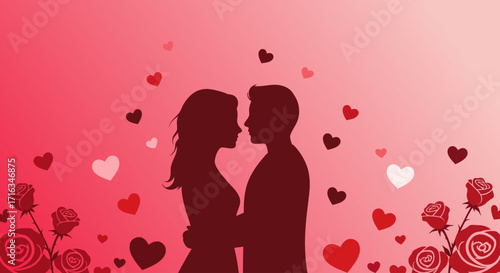 Silhouette of a couple embracing surrounded by floating hearts and roses on a gradient pink background, symbolizing love and romance.