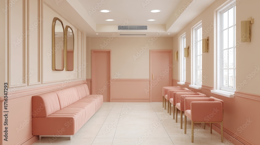 Fototapeta premium Modern minimalist waiting room interior with soft pink tones and elegant furniture, featuring mirrors and natural light from large windows