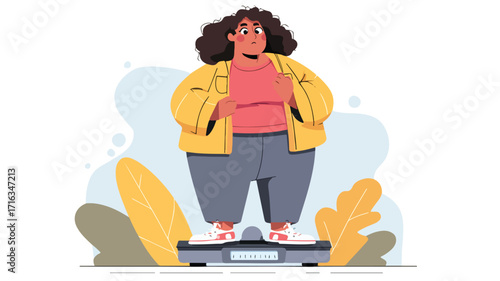 Concerned Overweight Woman Standing on Weight Scale