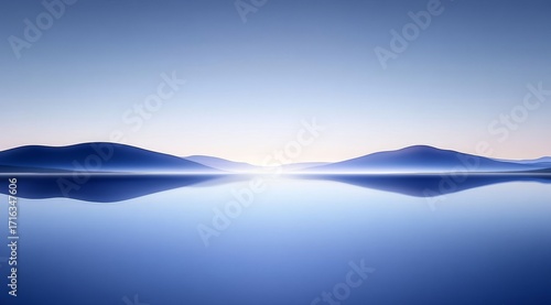 Serene landscape with calm water reflecting distant mountains at sunrise