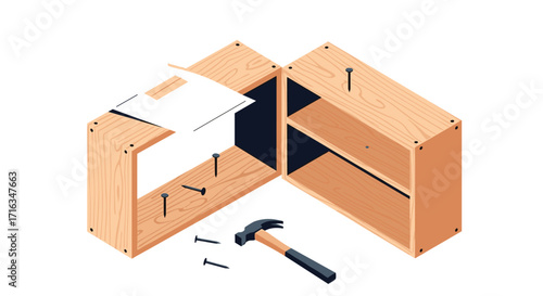 Assembling flat pack furniture corner unit with screws and hammer.