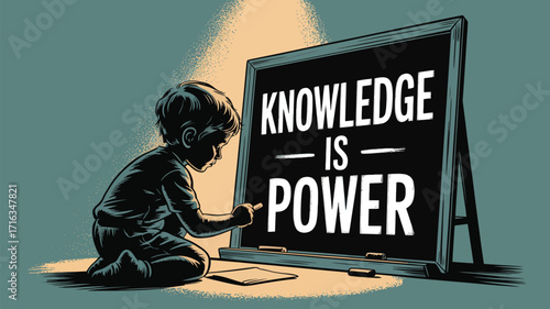Inspiring child learns powerful lessons writing 'Knowledge is Power' on blackboard