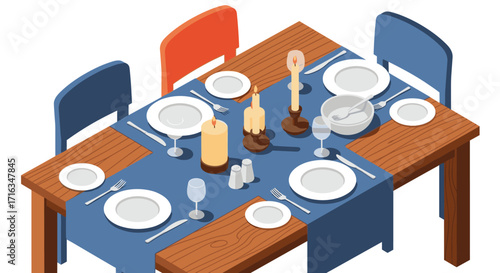 A beautifully set dining table for a festive occasion awaiting guests with candles and plates.