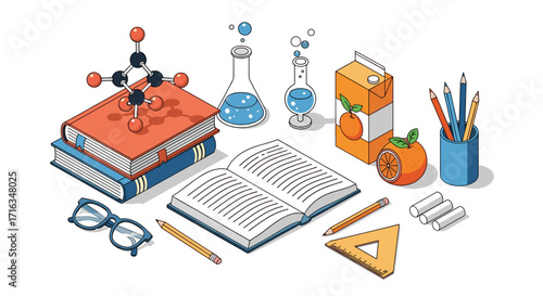 A colorful isometric illustration of a science and education still life featuring books lab equipment and school supplies.