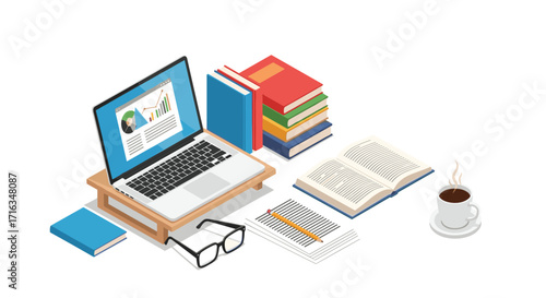 A workspace setup with a laptop and books for learning and working.