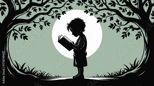 Enchanting silhouette of a child absorbed in reading a book under a large moonlit sky