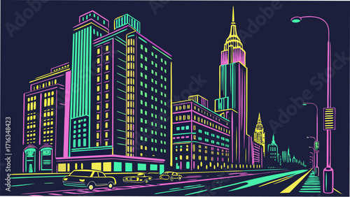 Vibrant neon cityscape at night with iconic skyscrapers and streetlights illuminates busy urban streets