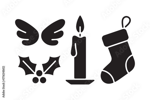 Christmas icons silhouette set with candle holly angel wings and stocking