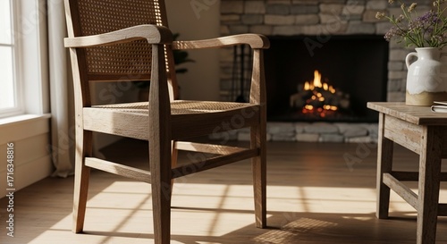 Warm Sunlight Bathes Rustic Wooden Armchair by Crackling Fireplace, Creating Cozy Shadows.