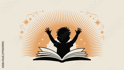 Child's imagination takes flight from open book with magical starry glow