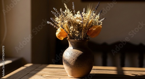 Warm Sunlit Dried Flower Bouquet in Rustic Earthenware Vase on Wooden Table with Striking Shadows.