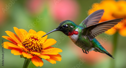Vibrant hummingbird hovering to feed from bright orange trumpet flower, macro wildlife shot with vivid bokeh