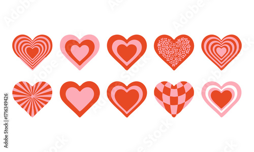 Heart Icons Set in Red and Pink Concentric Vector illustration, Stripes, Floral, Spiral, Wavy Check, Retro background in style 70s, 80s. Concentric hearts isolated icons, easily editable and scalable.