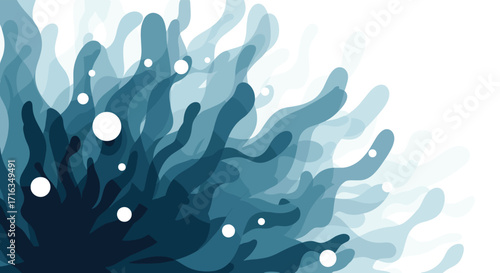 An abstract artistic depiction of dark blue organic forms with white bubbles in the water.
