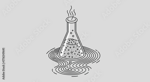 A science experiment with a bubbling flask on a gray background.
