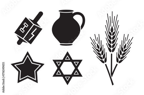 Collection of jewish symbols and objects in silhouette