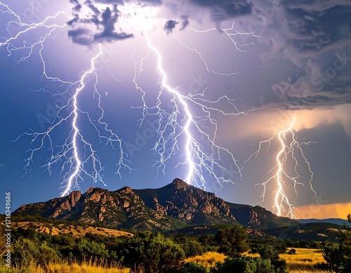 Dramatic lightning storm over mountains