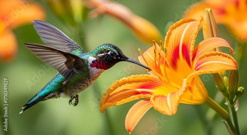 Vibrant hummingbird hovering to feed from bright orange trumpet flower, macro wildlife shot with vivid bokeh