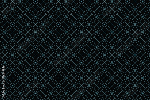 Abstract polygonal geometric vector seamless pattern with gold line star texture | Floral teal modern design on black background for fabric, decoration, art with lighting 

