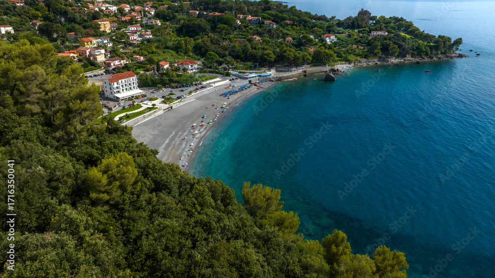 Naklejka premium Aerial view of the Fiumicello beach located in Maratea. It is a popular seaside resort overlooking the Mediterranean Sea in the province of Potenza, Basilicata, Italy.