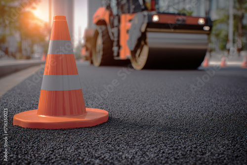 Closeup traffic cone on fresh asphalt with road roller in soft city bokeh at sunrise, highlighting recycled rubber paving for safer streets, infrastructure recycling concept