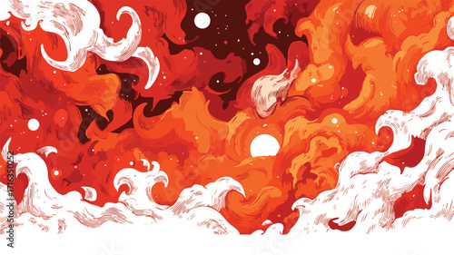 Fiery Red Panoramic Vector Illustration: Dynamic Fire-Themed Landscape Design