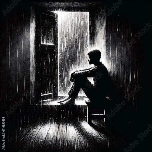 Monochrome Rainy Window Silhouette – Emotional Black and White Art of Man Sitting Indoors