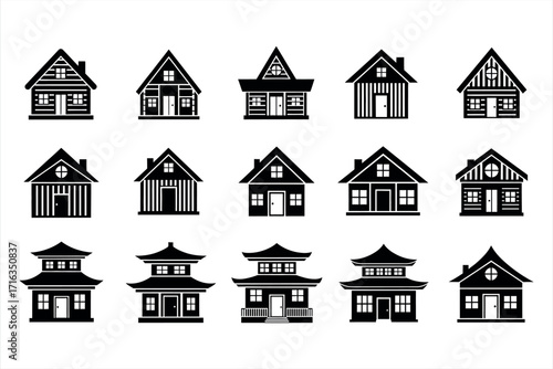 Collection of fifteen black house icons with diverse architectural styles home building