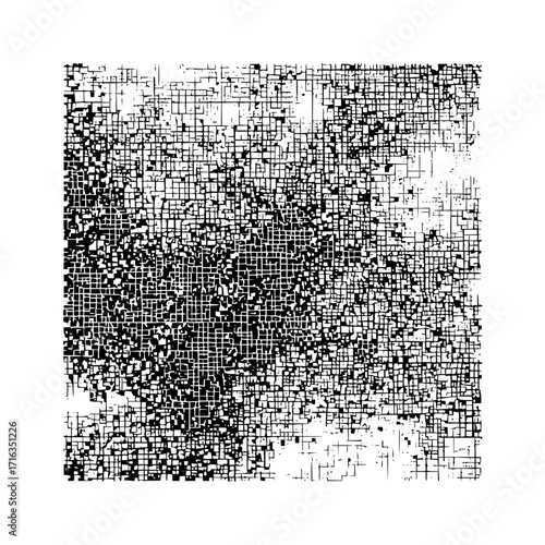 Abstract black and white grid pattern with varying density and irregular cell shapes creating a complex texture