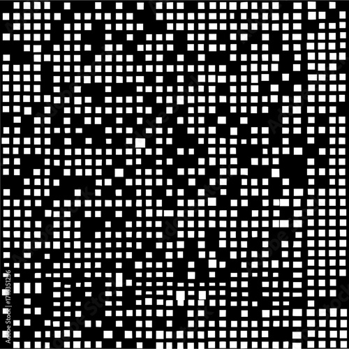 An intricate pattern of white squares scattered across a black background forming a complex mosaic design