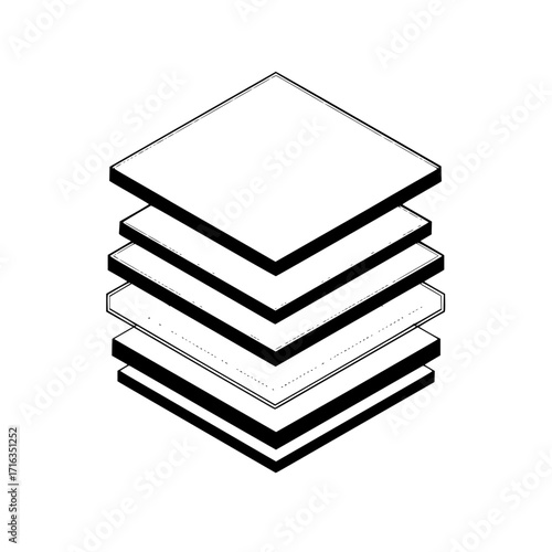 Isometric view of a stack of square layers with alternating thick and thin borders in black and white