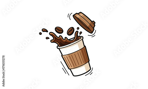 Illustration of a to-go coffee cup with a splash of coffee and coffee beans, with the lid flying off. This dynamic, hand-drawn vector is perfect for cafe promotions or branding.