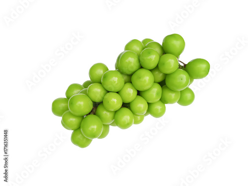 Premium Shine Muscat grapes plump, glossy, and vibrant green clustered on white background. Ideal for luxury fruit, freshness, and gourmet food themes.