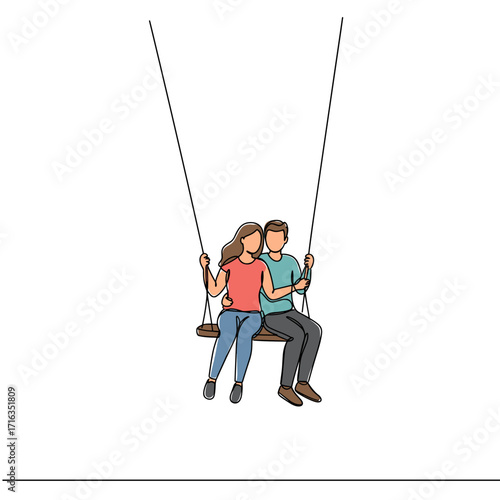 Young couple sitting together on a swing in a playful manner  