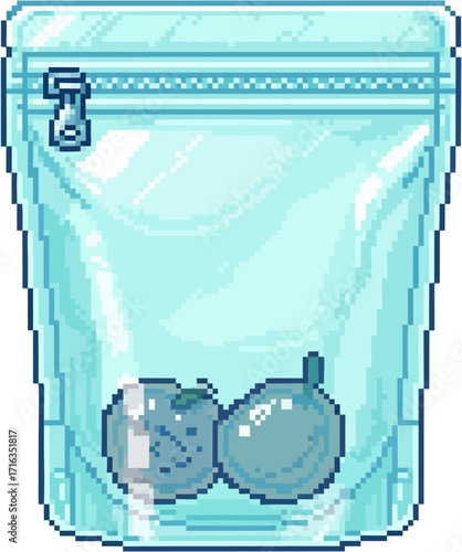 Pixel art of a clear plastic bag with two plums inside.