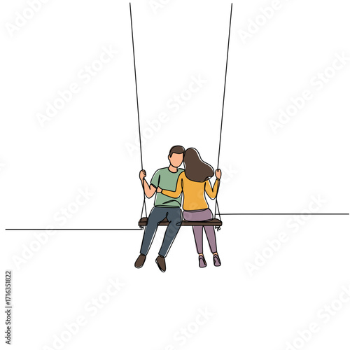 Couple sitting on a swing embracing each other in a minimalist style  